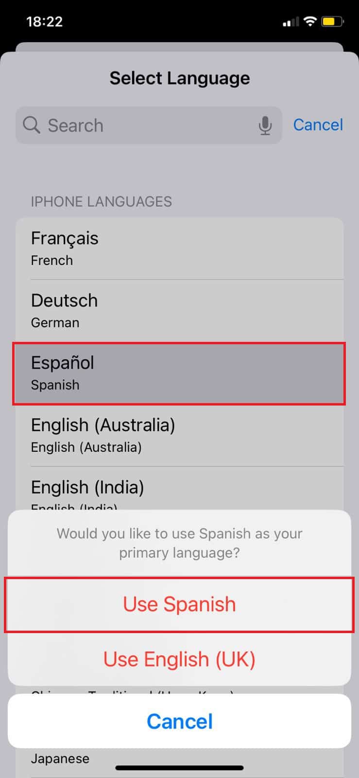 Select the language of your choice and tap on Use language