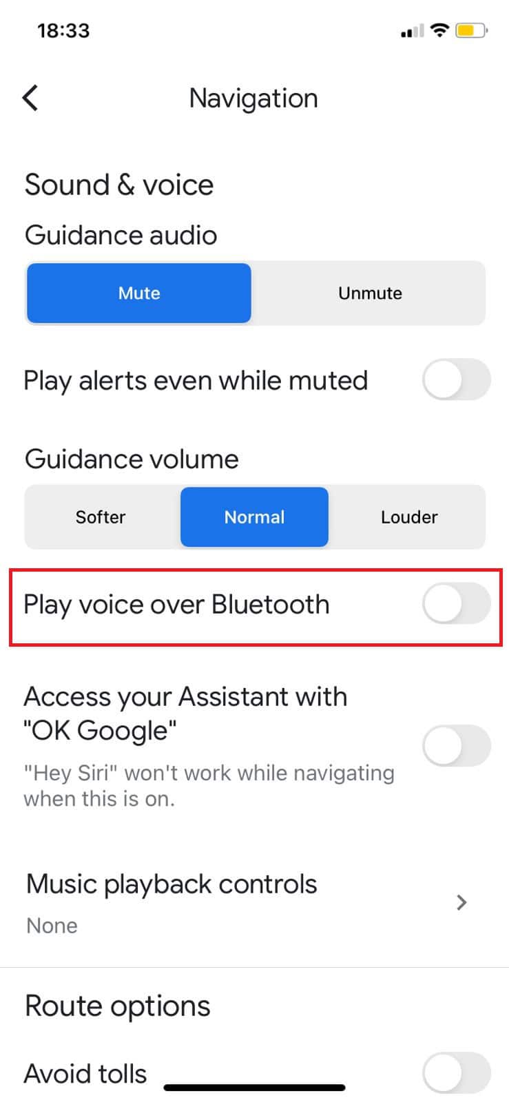 Turn the toggle off for Play voice over Bluetooth