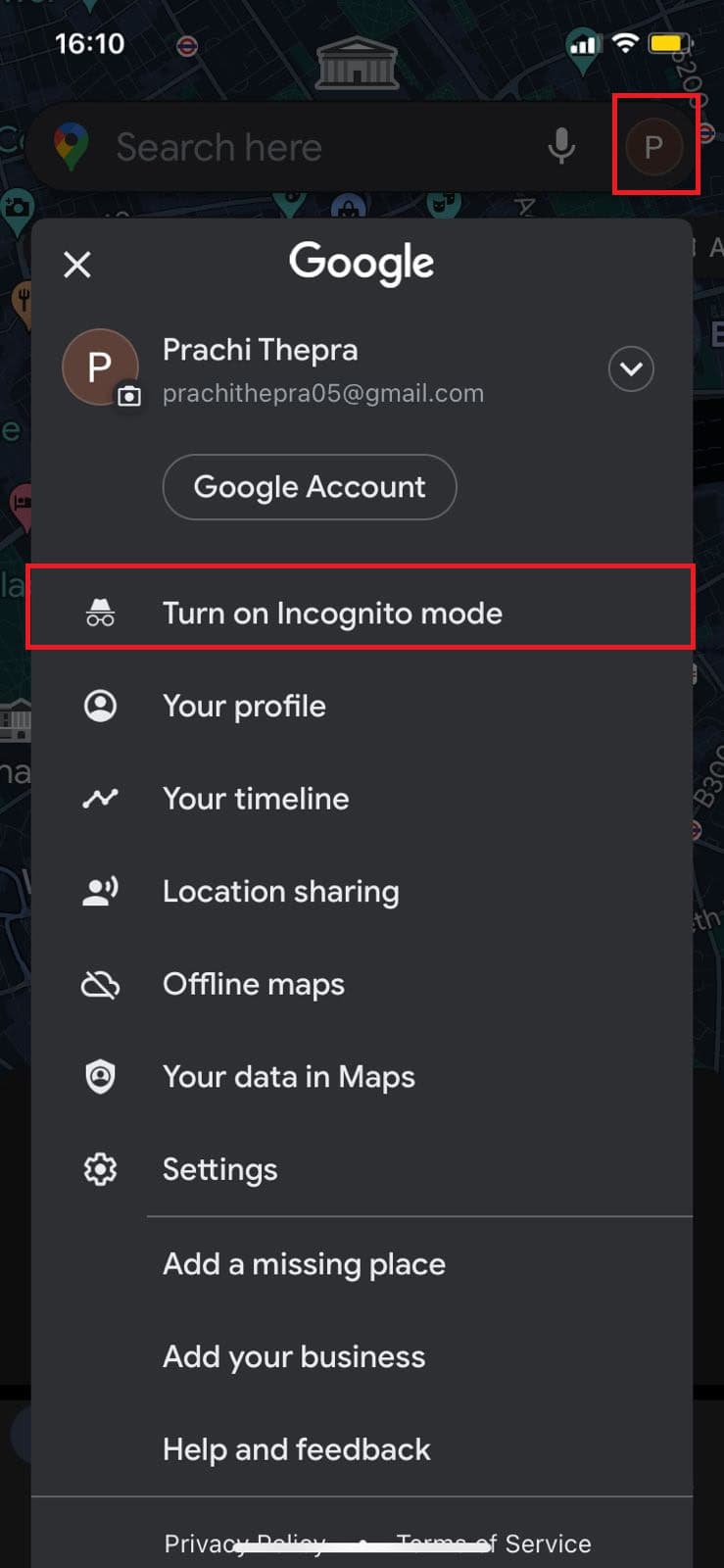 Tap on Turn on Incognito Mode | How to Enable Incognito Mode on Google Maps