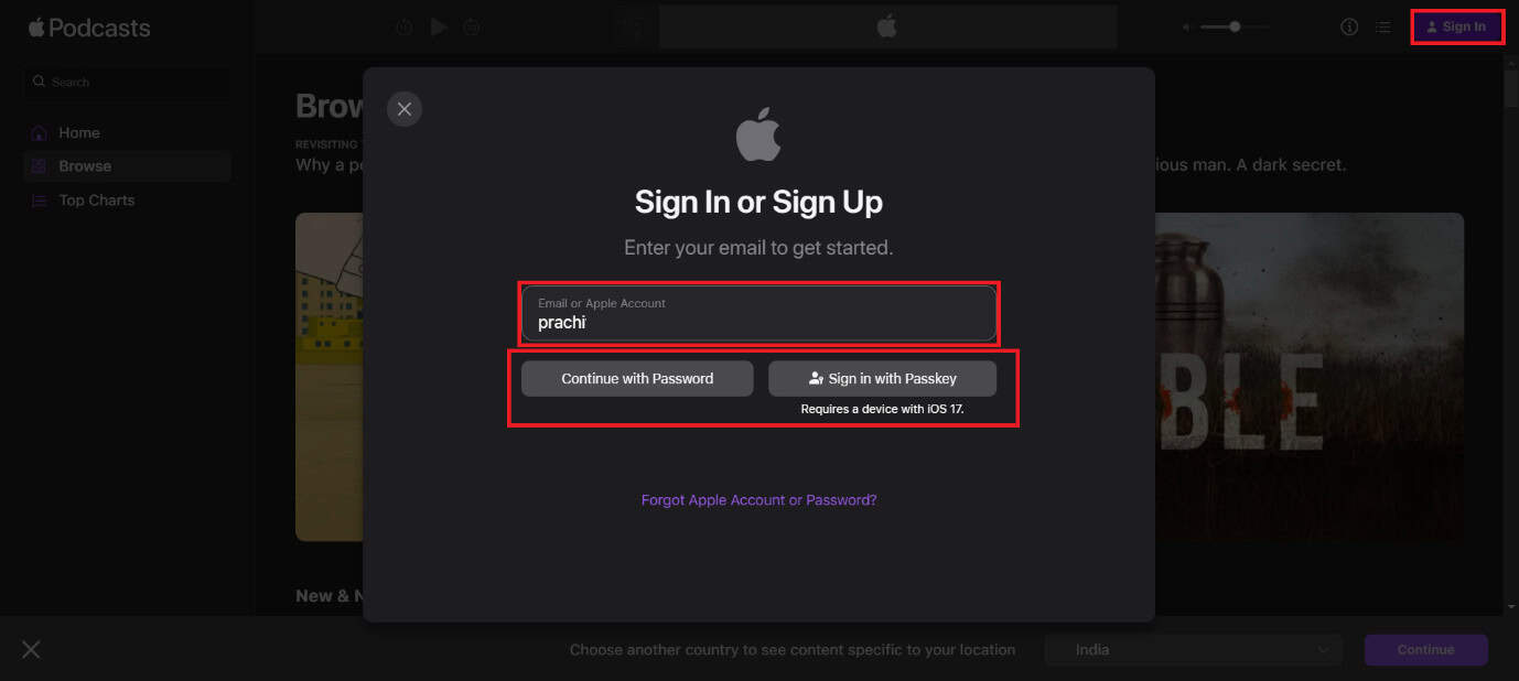 Select between Continue with Password or Sign in with Passkey | How to Use Apple Podcasts on the Web