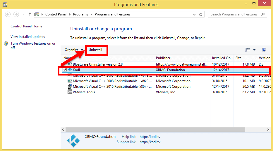 kodi uninstall from control panel