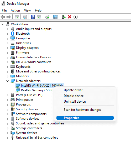 network driver and click on Properties