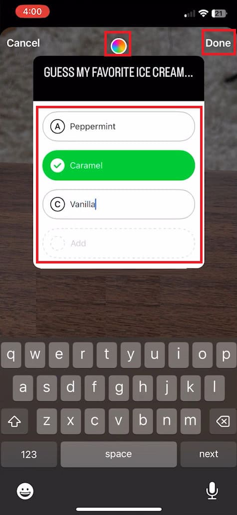 Tap on Done | How to Create a Quiz on Instagram Story