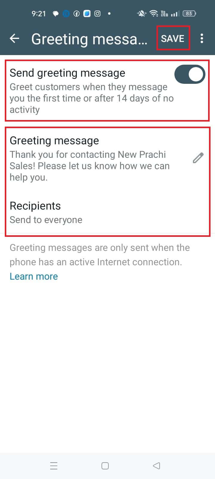 Tap on SAVE | How to Send Greeting a Message on WhatsApp Business