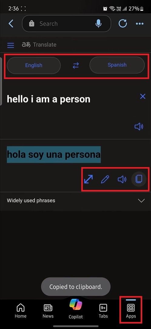 Tap on the copy icon | How to Use Translator in Bing