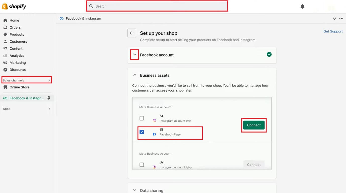 Tick on your Facebook account under Meta Business Account | How to Connect Shopify to Facebook