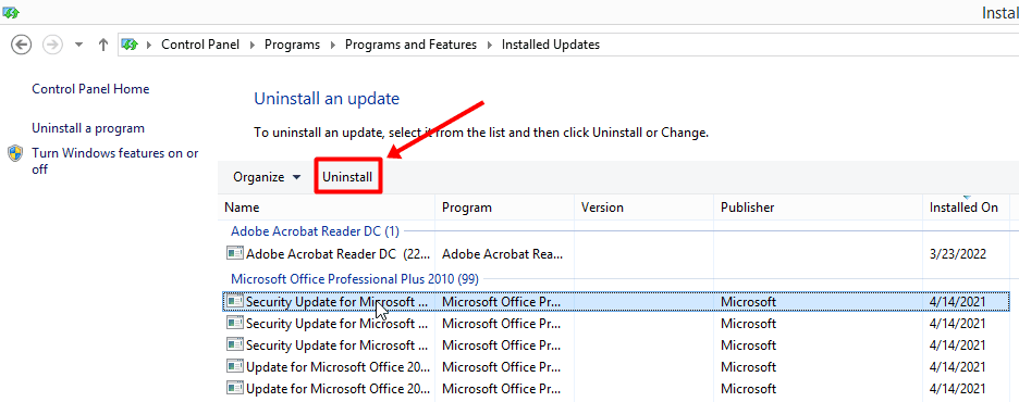 uninstall windows updates