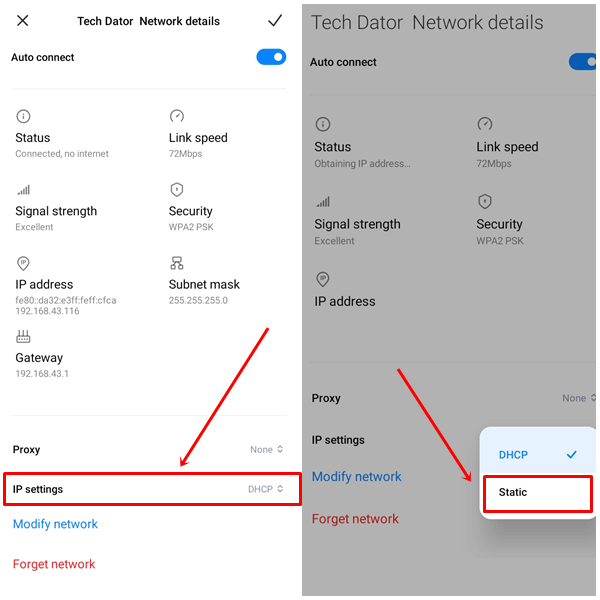 Click on IP settings and select static