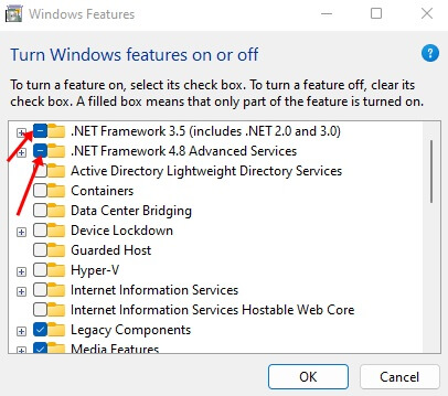 Net Framework and click on OK. This will uninstall .Net Framework