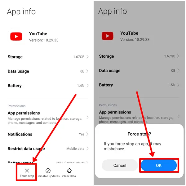 Tap on force stop option then click on ok