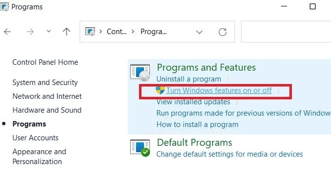 Turn Windows Features On or Off