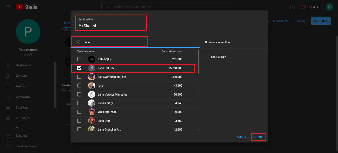 Click on DONE | How to Feature a Channel on YouTube