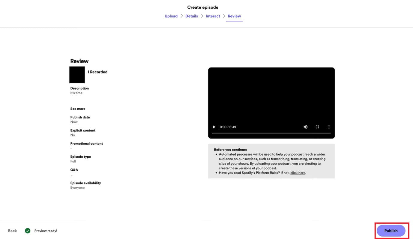 Click on Publish | How to Upload Video Podcast on Spotify