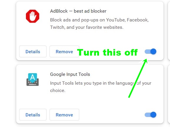 deactivate ad blocker extension on chrome