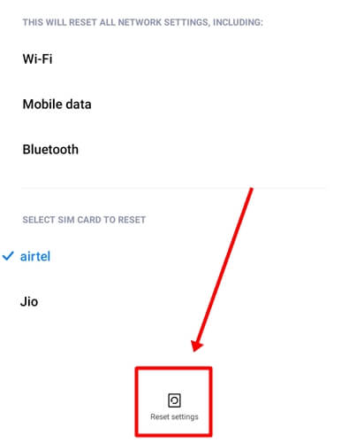 network Reset setting button