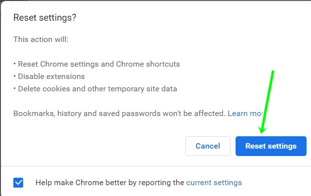 reset to chrome default setting