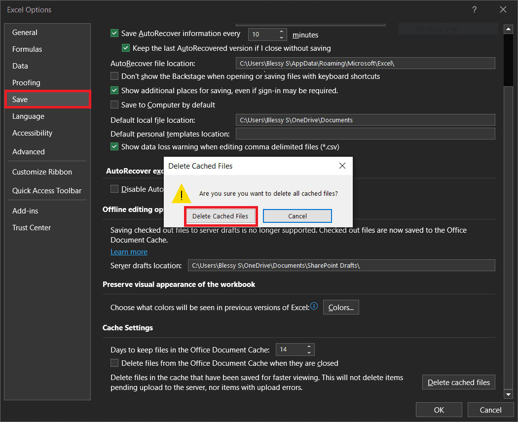 Select Delete Cached Files | How to Clear Excel Cache in Windows 10