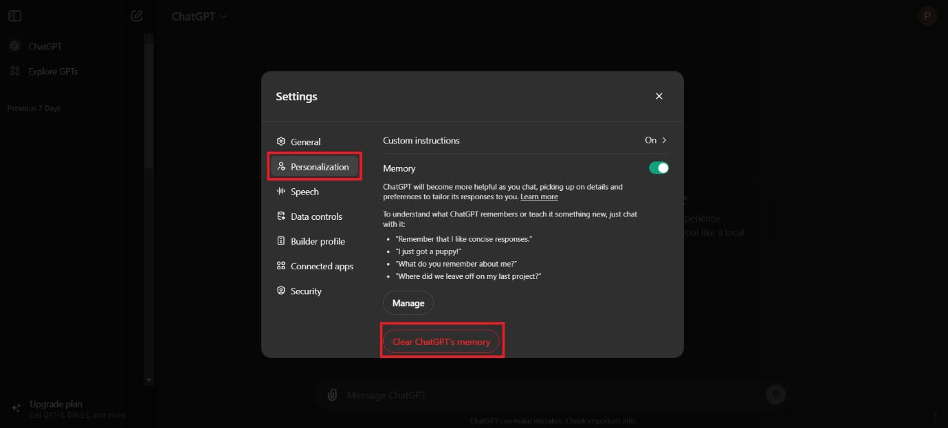 Click on Clear ChatGPT’s Memory