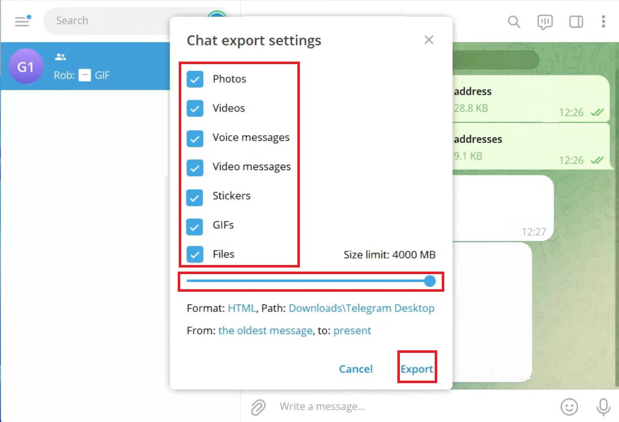 Click on Export | How to Download All Files from Telegram Group or Channel