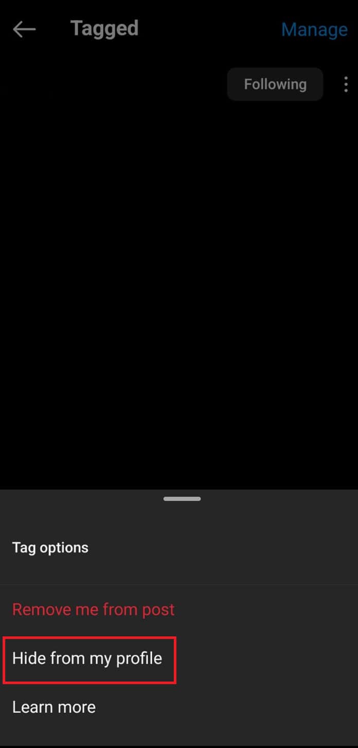 From the pop-up tap on Hide from My Profile | How to Hide Tagged Photos on Instagram