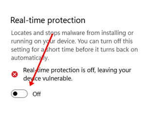 turn off the Real time protection toggle