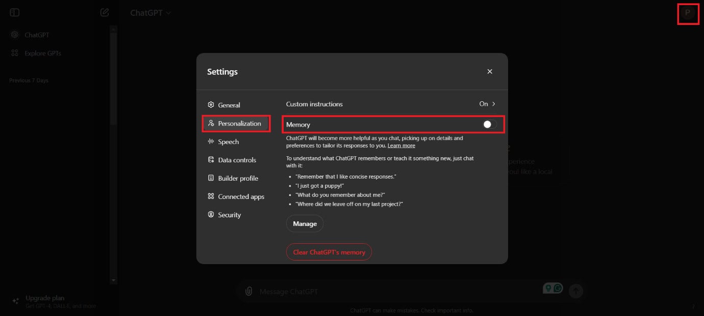 Turn the toggle off for Memory | How to Disable ChatGPT Memory