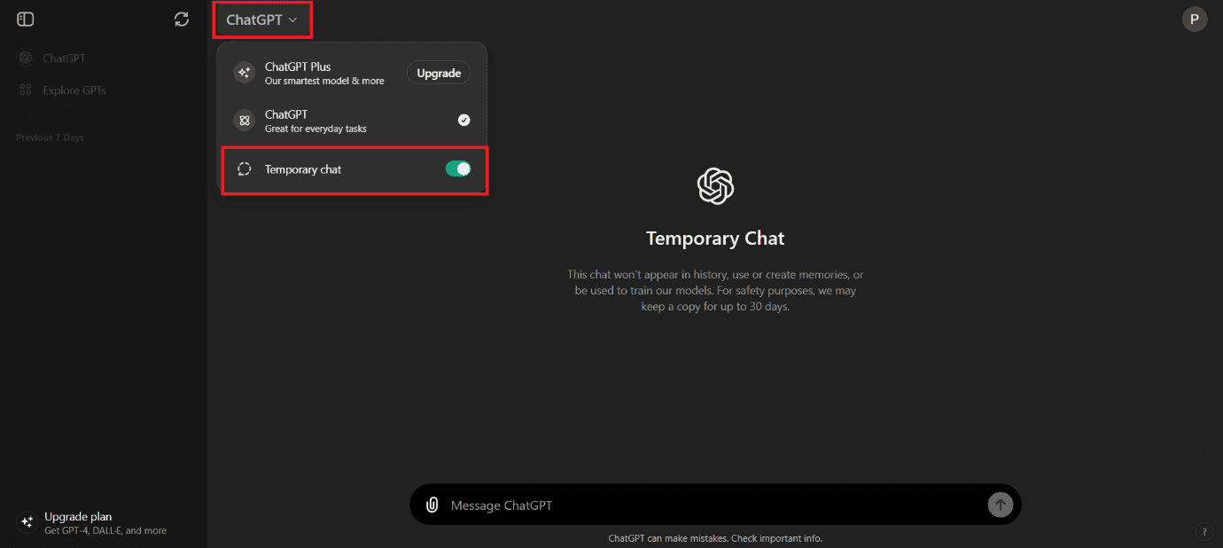 Turn the toggle on for Temporary Chat