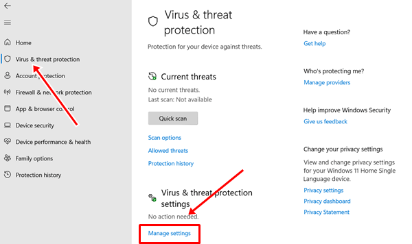 virus and threat protection manage settings