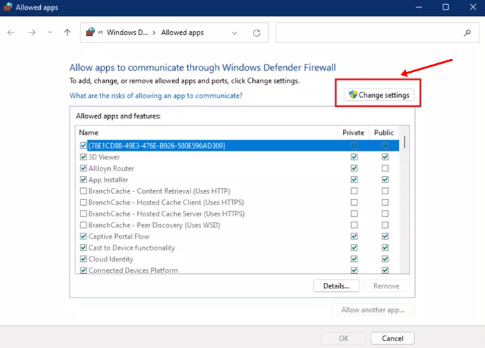 Change settings allow app through firewall