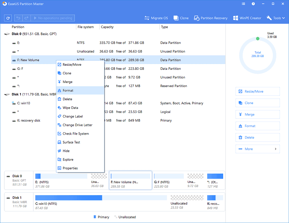 EaseUS format partition 1