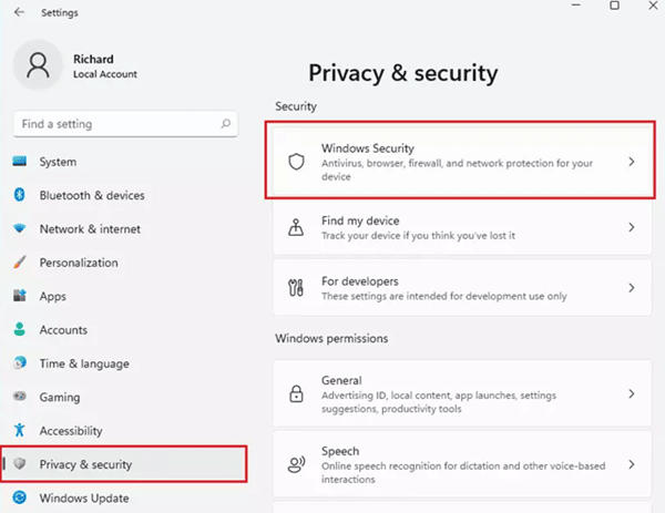 Privacy & Security - Windows security