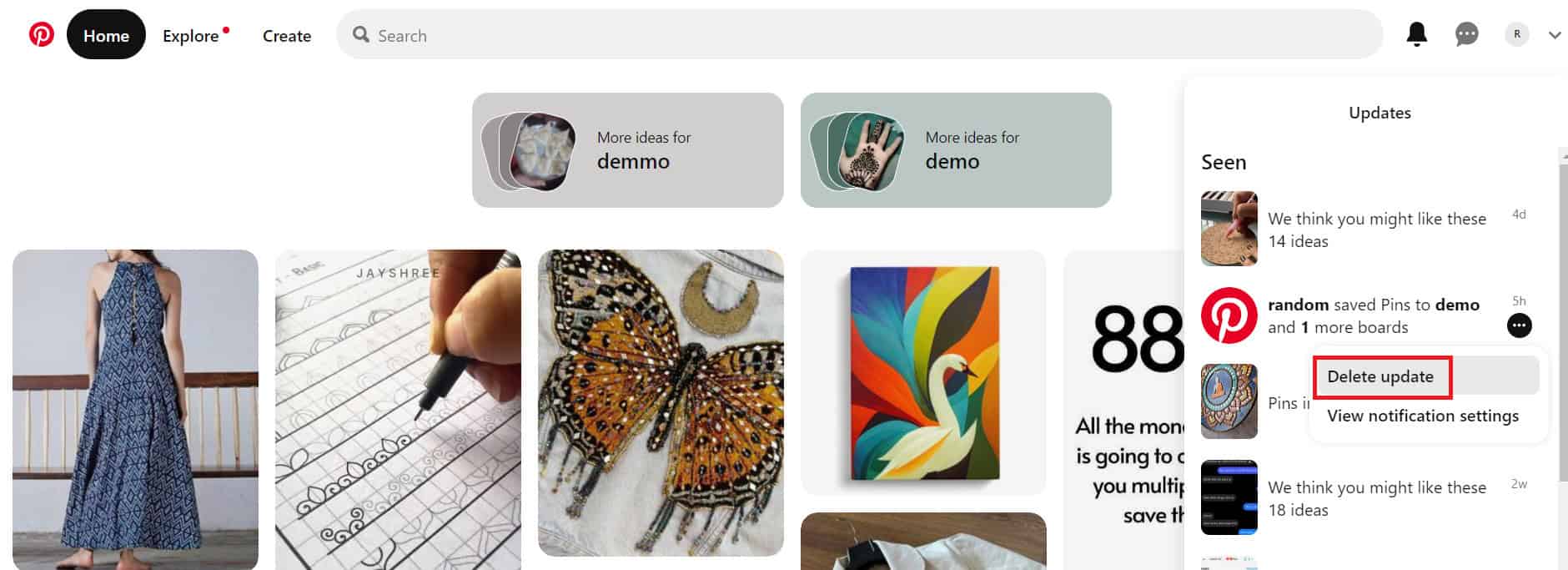 click on Delete update | How to Delete Notifications on Pinterest