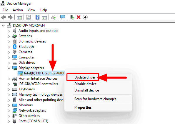 display adapters Update driver