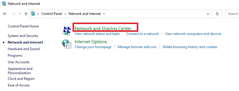 network and sharing center