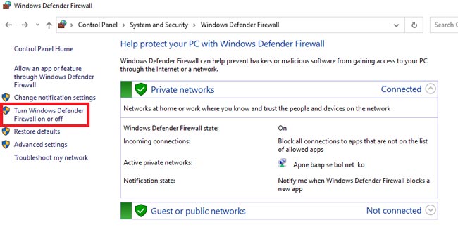 Turn Windows Firewall On or Off to fix if website is not opening