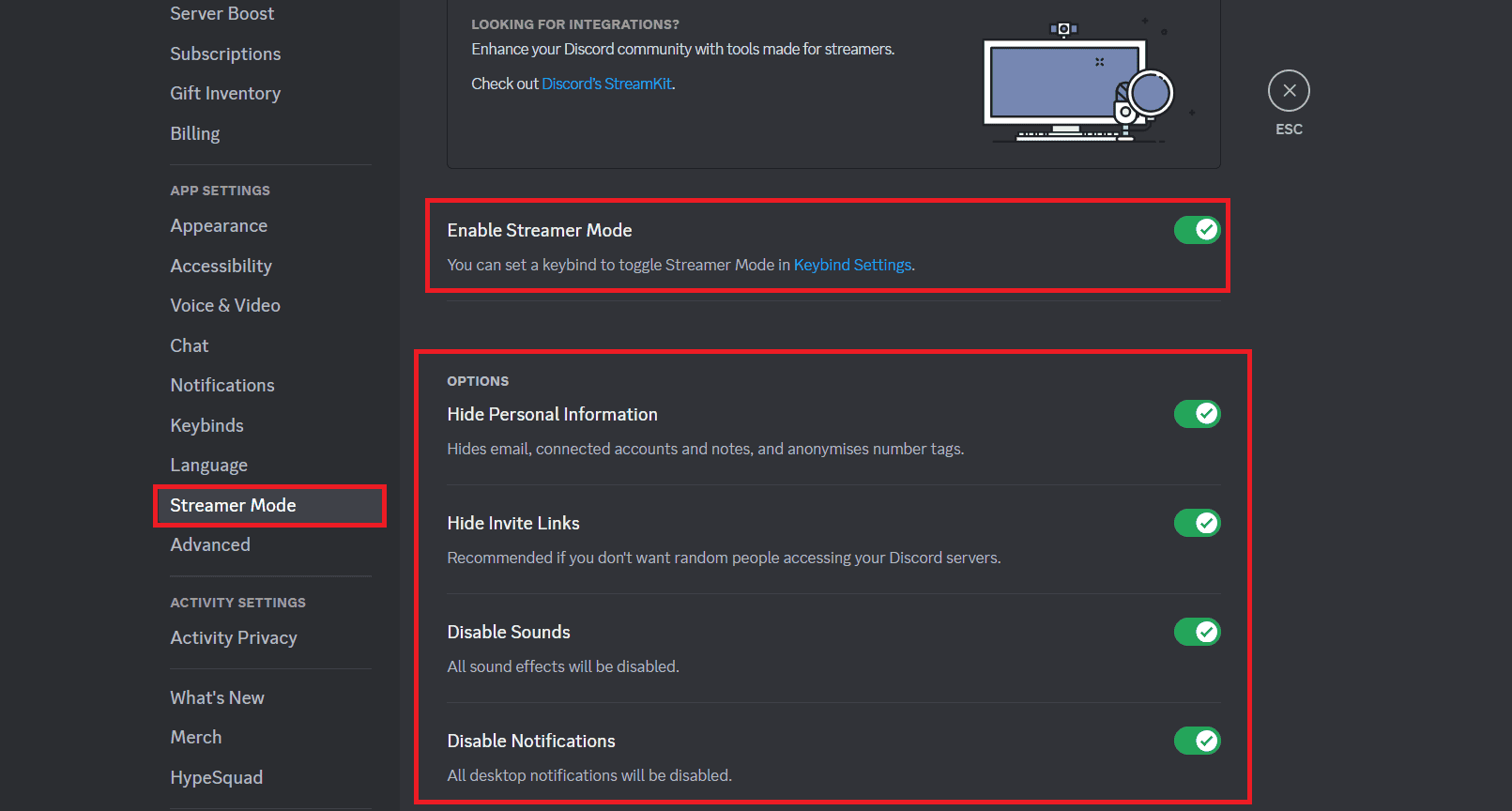 Turn the toggle on for Enable Streamer Mode | How to Enable Streamer Mode on Discord