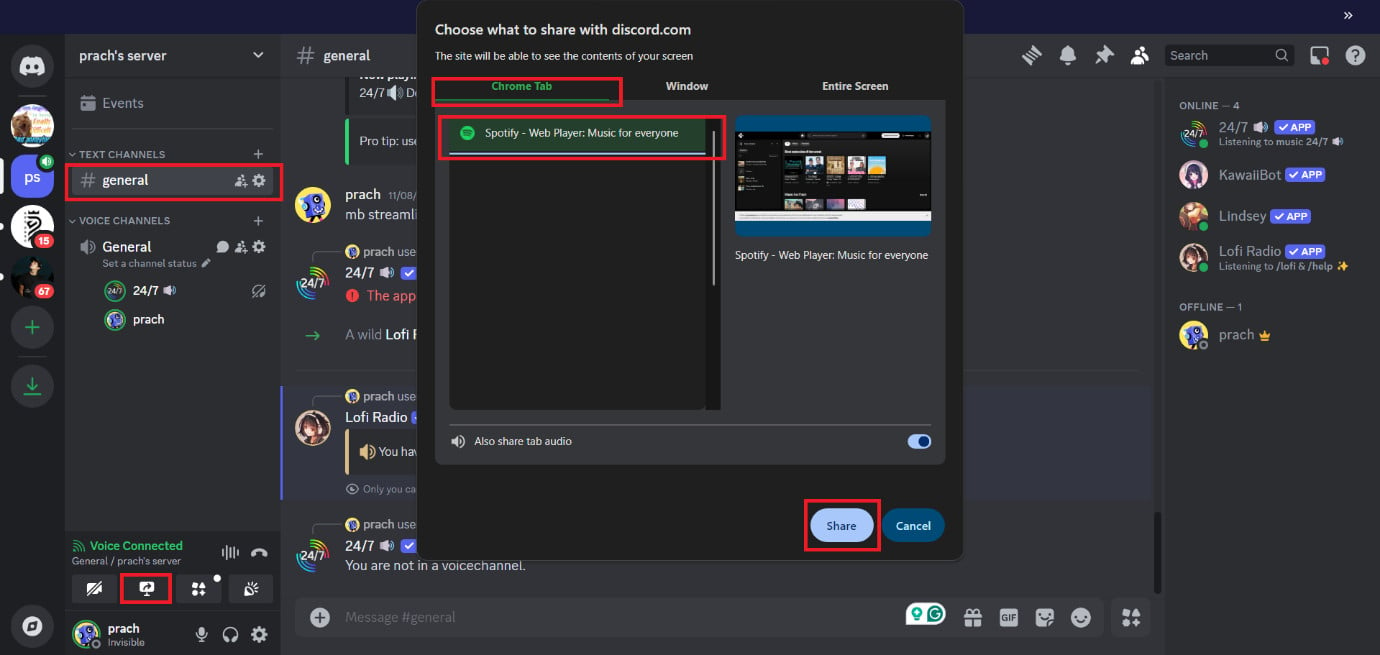 Click on Share | How to Play Music in Discord