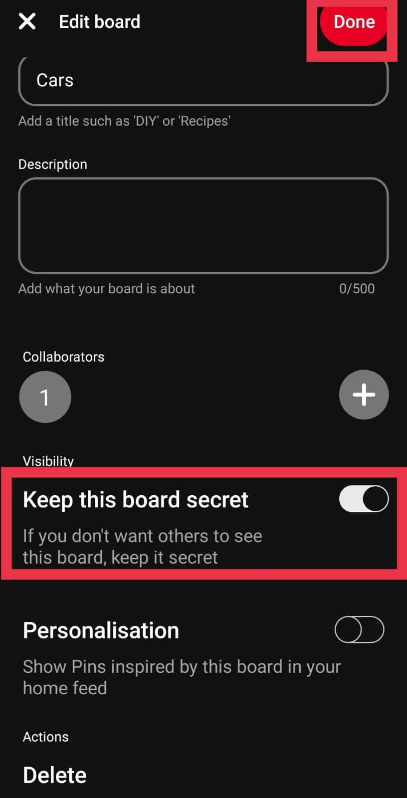 Tap Done to save your changes | How To Make Pinterest Boards Private
