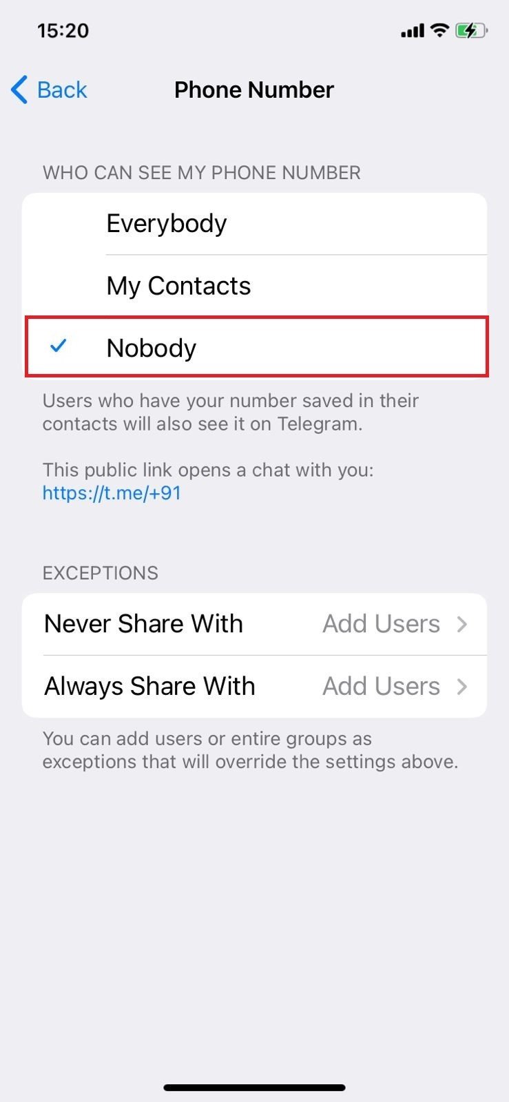 tick on Nobody | How to Hide Your Phone Number in Telegram