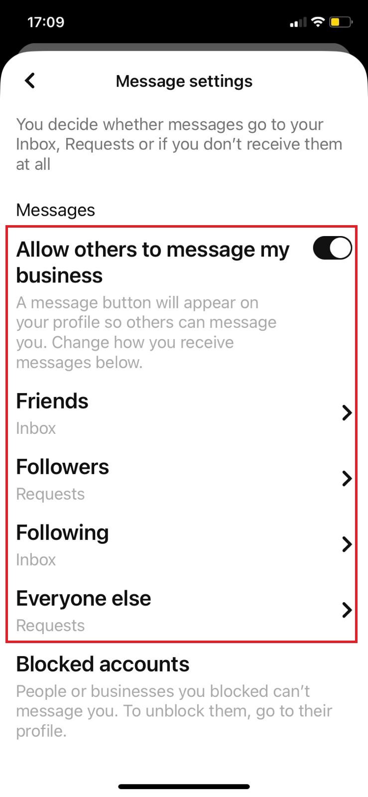 Turn the toggle on for Allow others to message my business